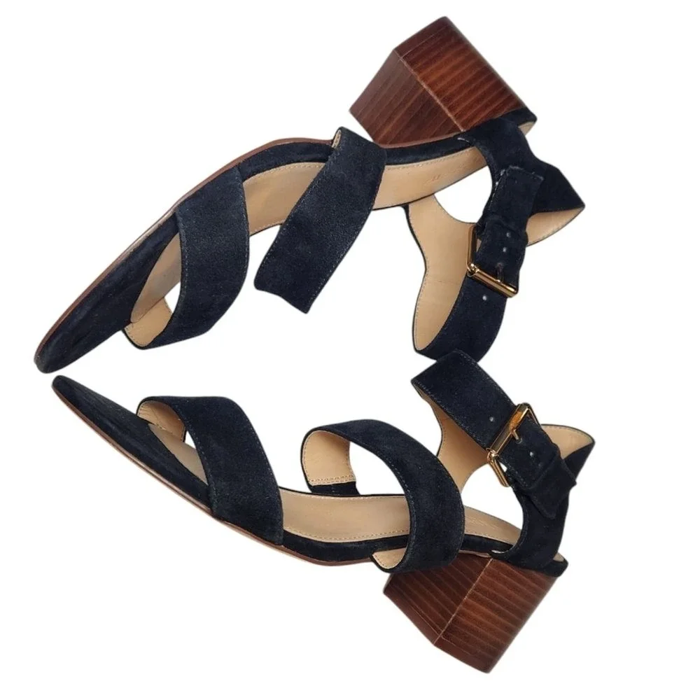 J Crew Three Strap‎ Suede Sandal Block Heel Black Ankle Strap Gold Buckle Prep 9